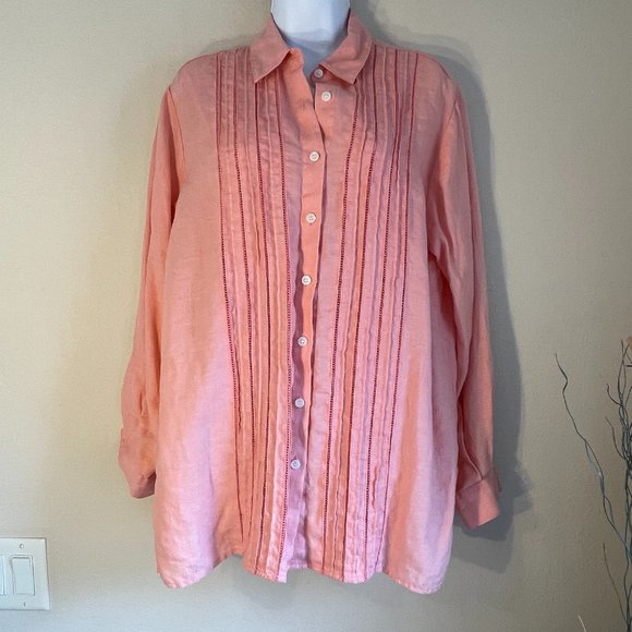 Liz Claiborne Lizsport Linen Tunic Shirt Coral Peach Embroidered M Oversized - Picture 1 of 7